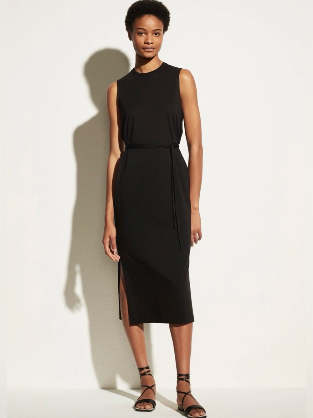 Vince Pima Cotton Maxi Dress Sleeveless Tie Waist Midi Sheer Women Size XL Black - Picture 2 of 16